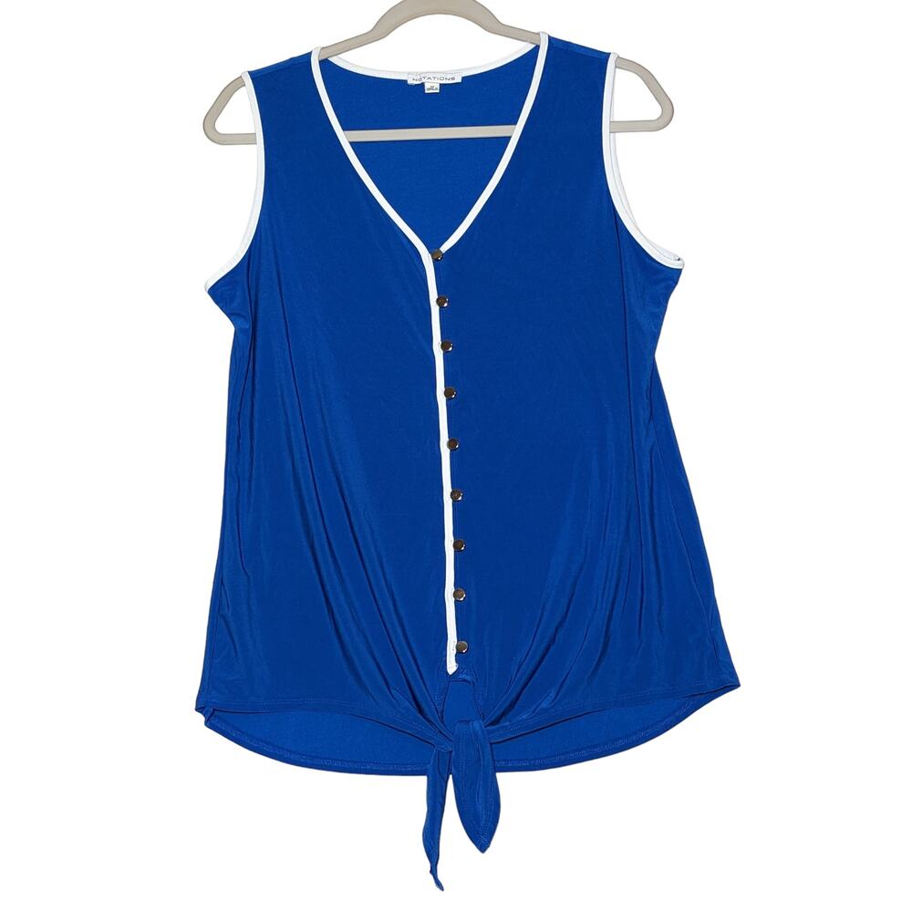 Notations Sleeveless Blouse Medium Blue‎ Button Up V Neck Knot Front Piping Trim